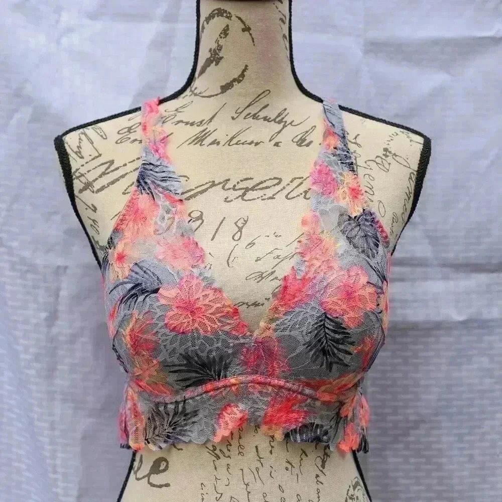 Victoria's Secret PINK Size M|C80 grey/pink floral lace push-up bra secret dream